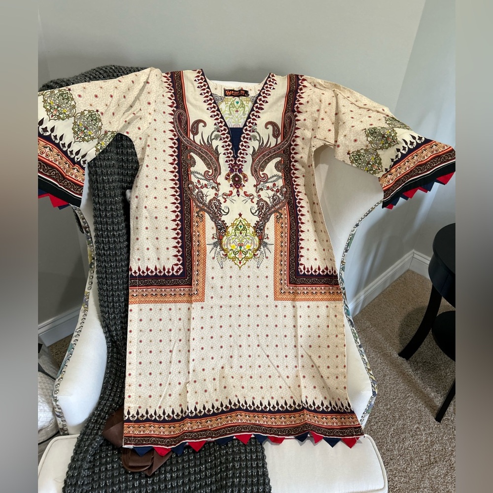 Boho Embroidered Tunic Dress in Cream with Burgundy & Multicolor Accents